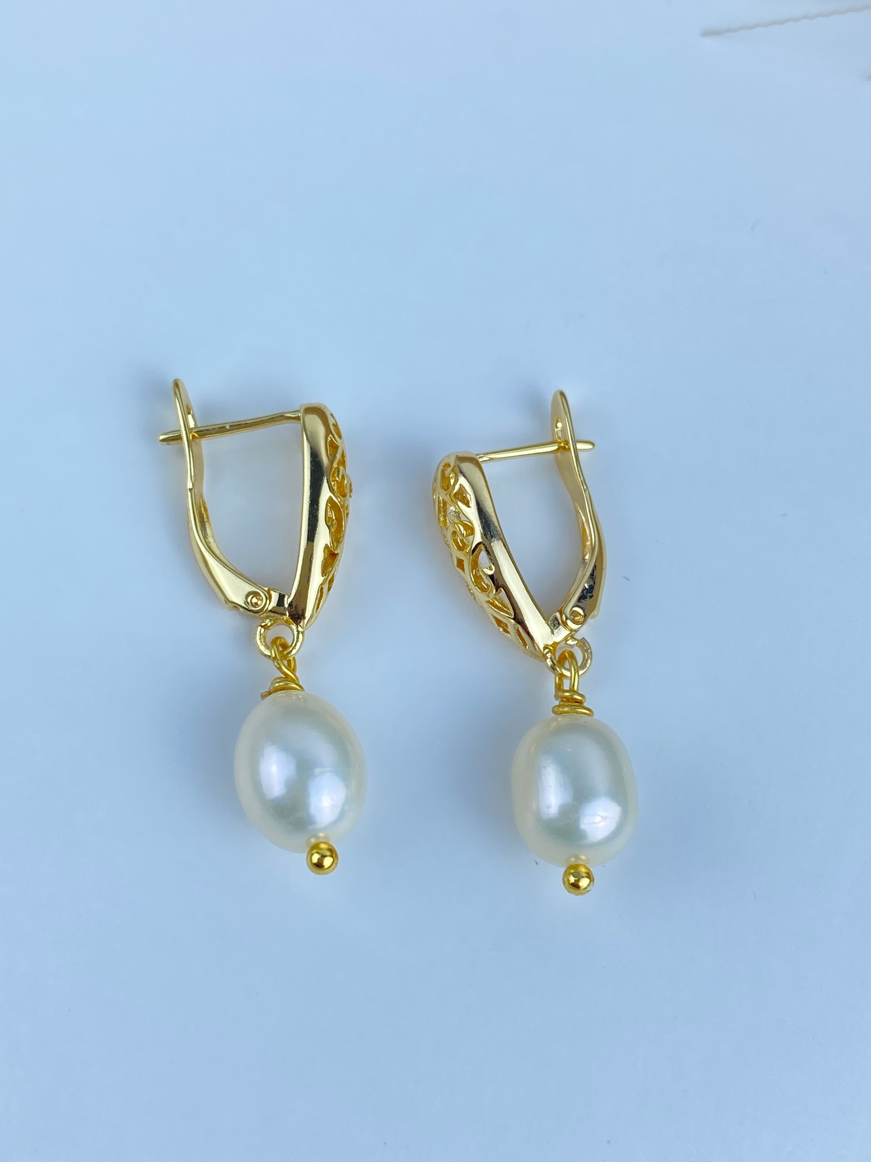 AAAAA Freshwater Pearl Earrings | 8-9mm White Rice Pearl | 24K Gold Plated Earrings Hook.