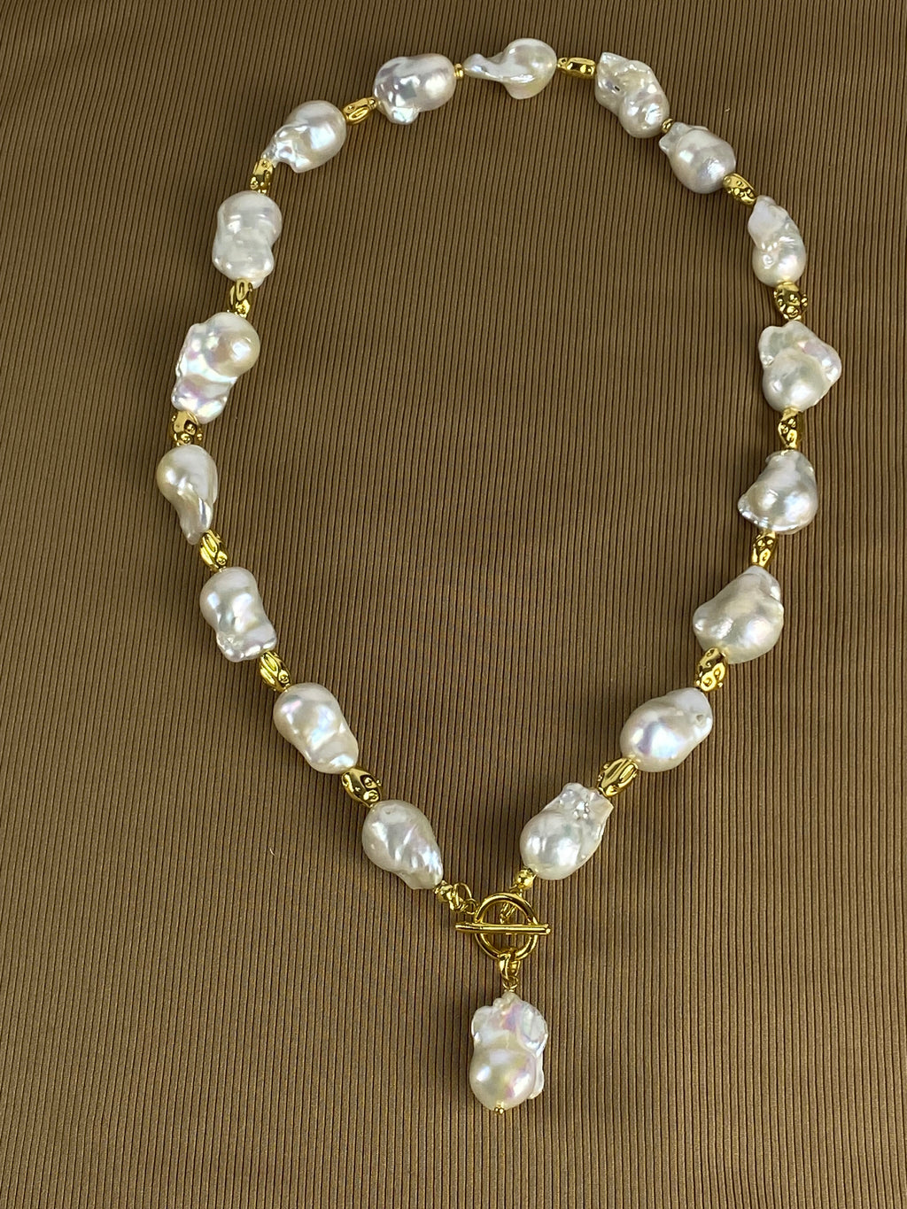 Big Baroque Freshwater Pearl Necklace | 18k Gold Plated Irregular Spacer Beads. Statement Necklace.
