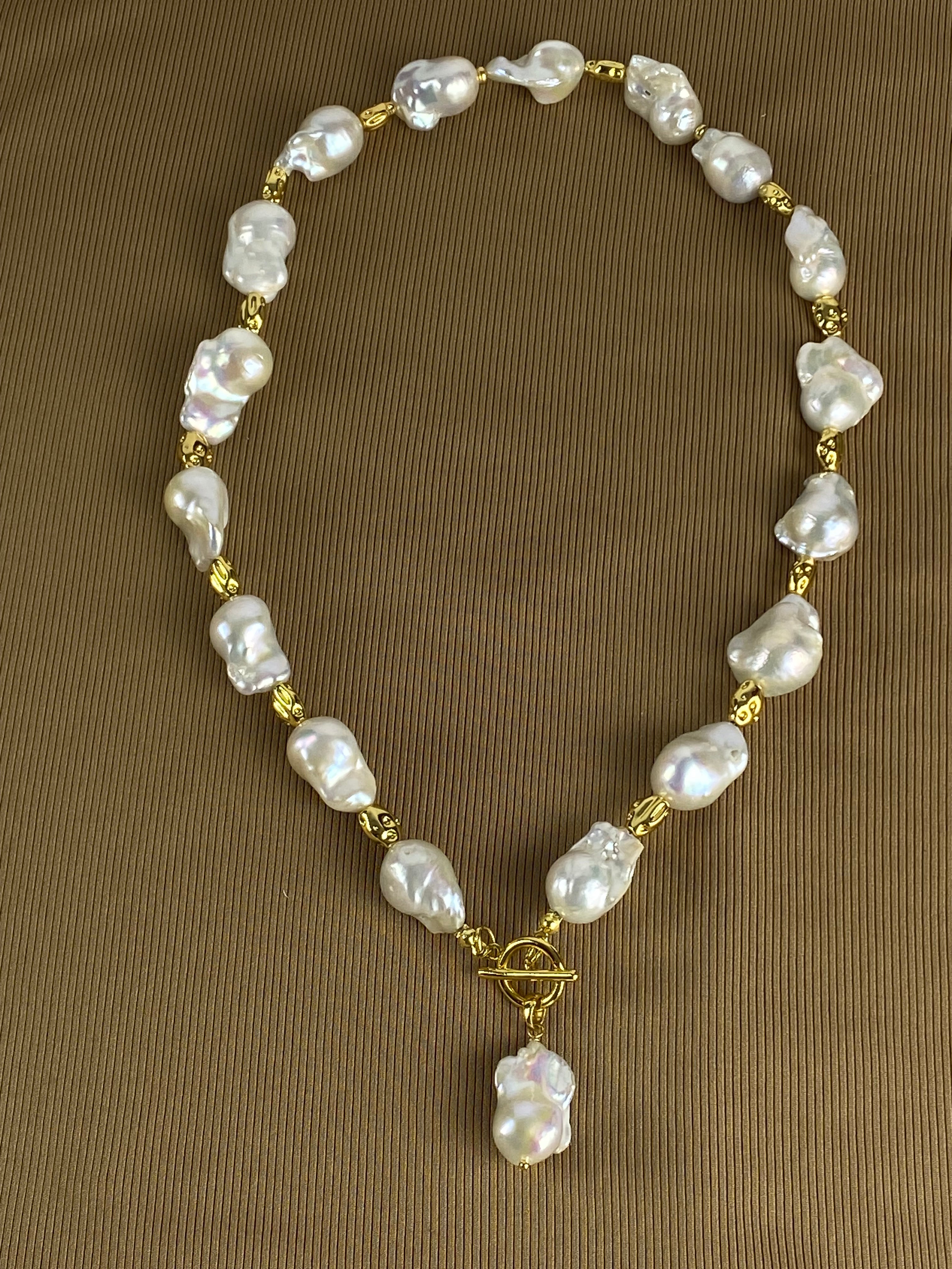 Big Baroque Freshwater Pearl Necklace | 18k Gold Plated Irregular Spacer Beads. Statement Necklace.