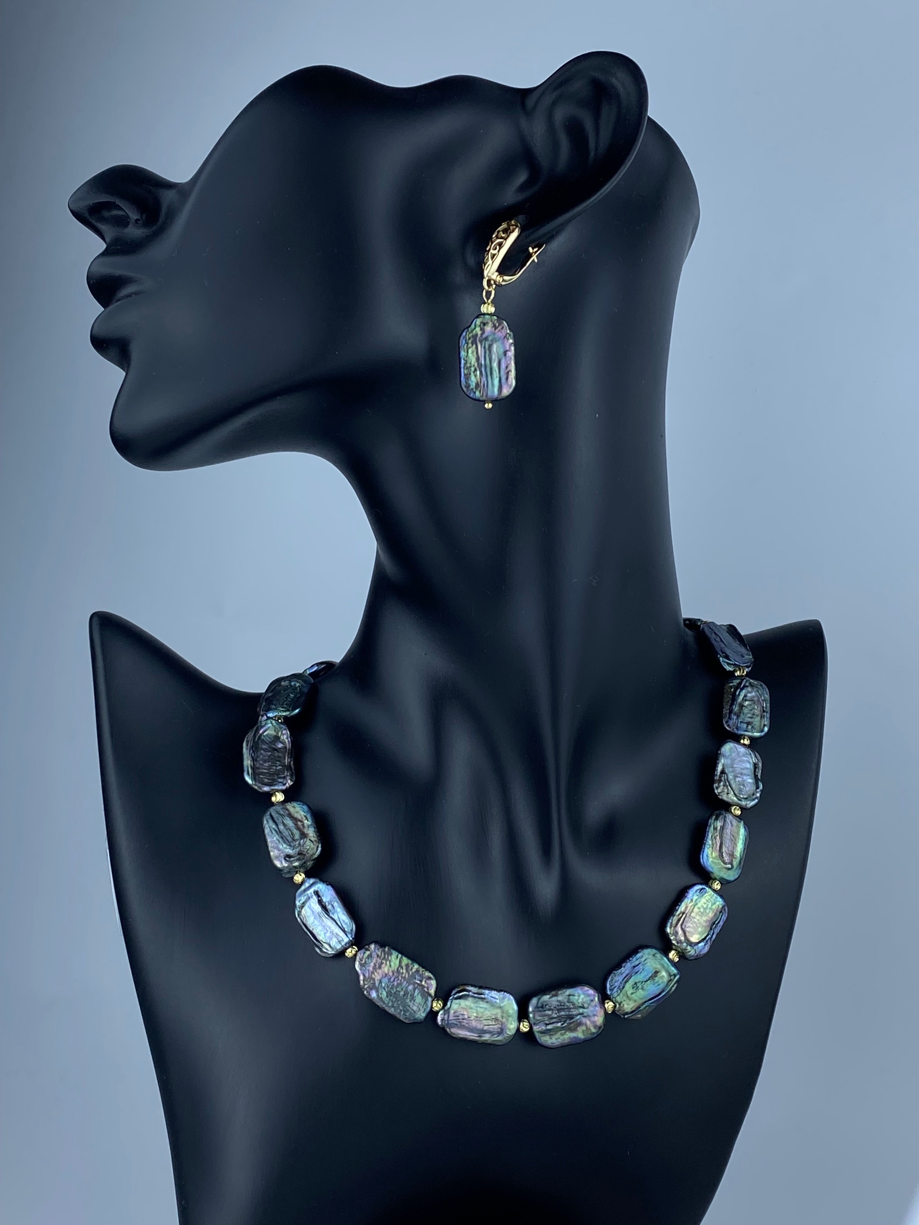 Black Peacock Blue Flat Pearl Necklace and Earrings,Irregular Rectangle Square Pearls Natural Freshwater Cultured. Set Jewelry.