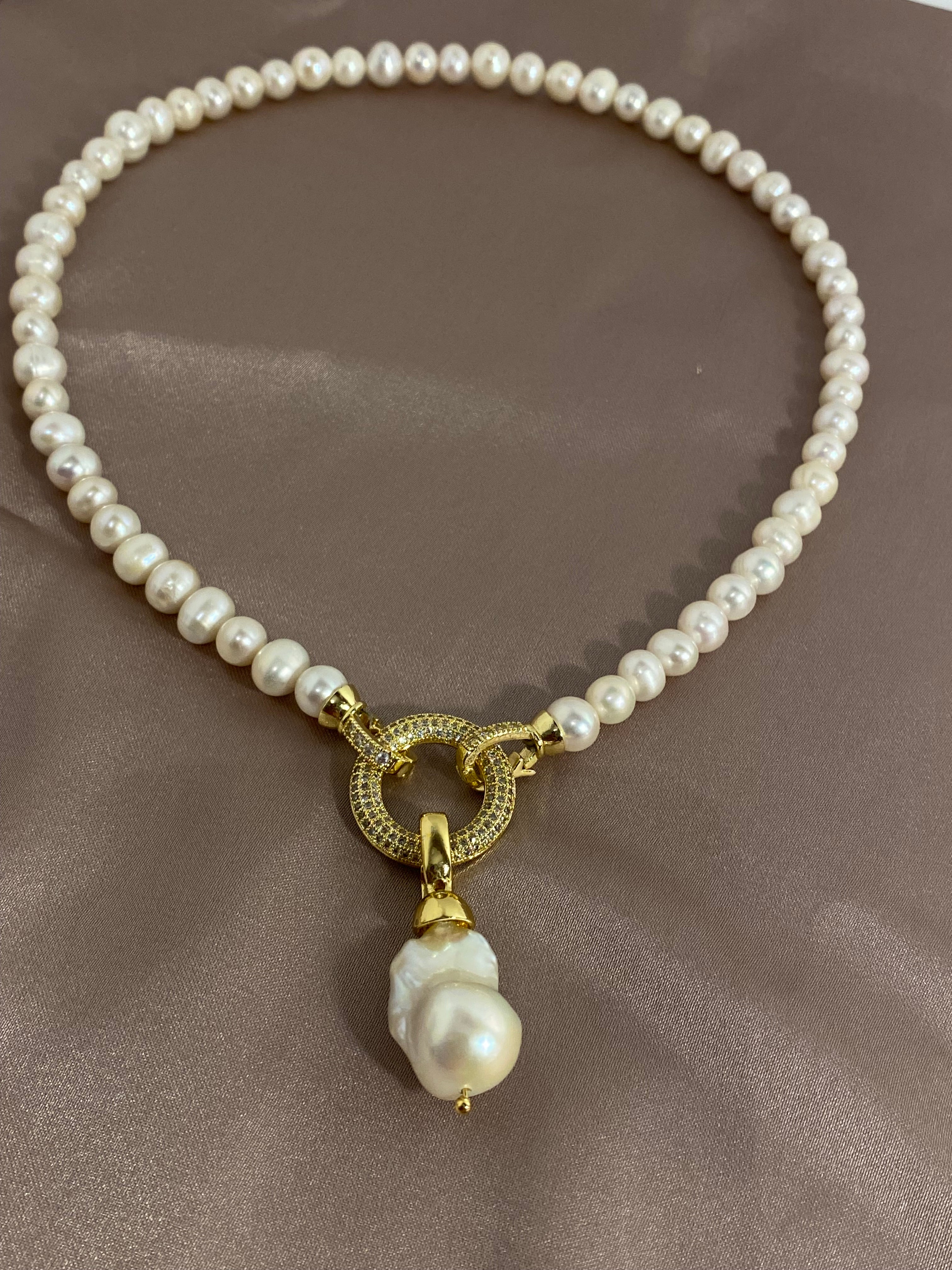 Freshwater Pearl Necklace with Baroque Pendant & 18K Gold Plated Clasp