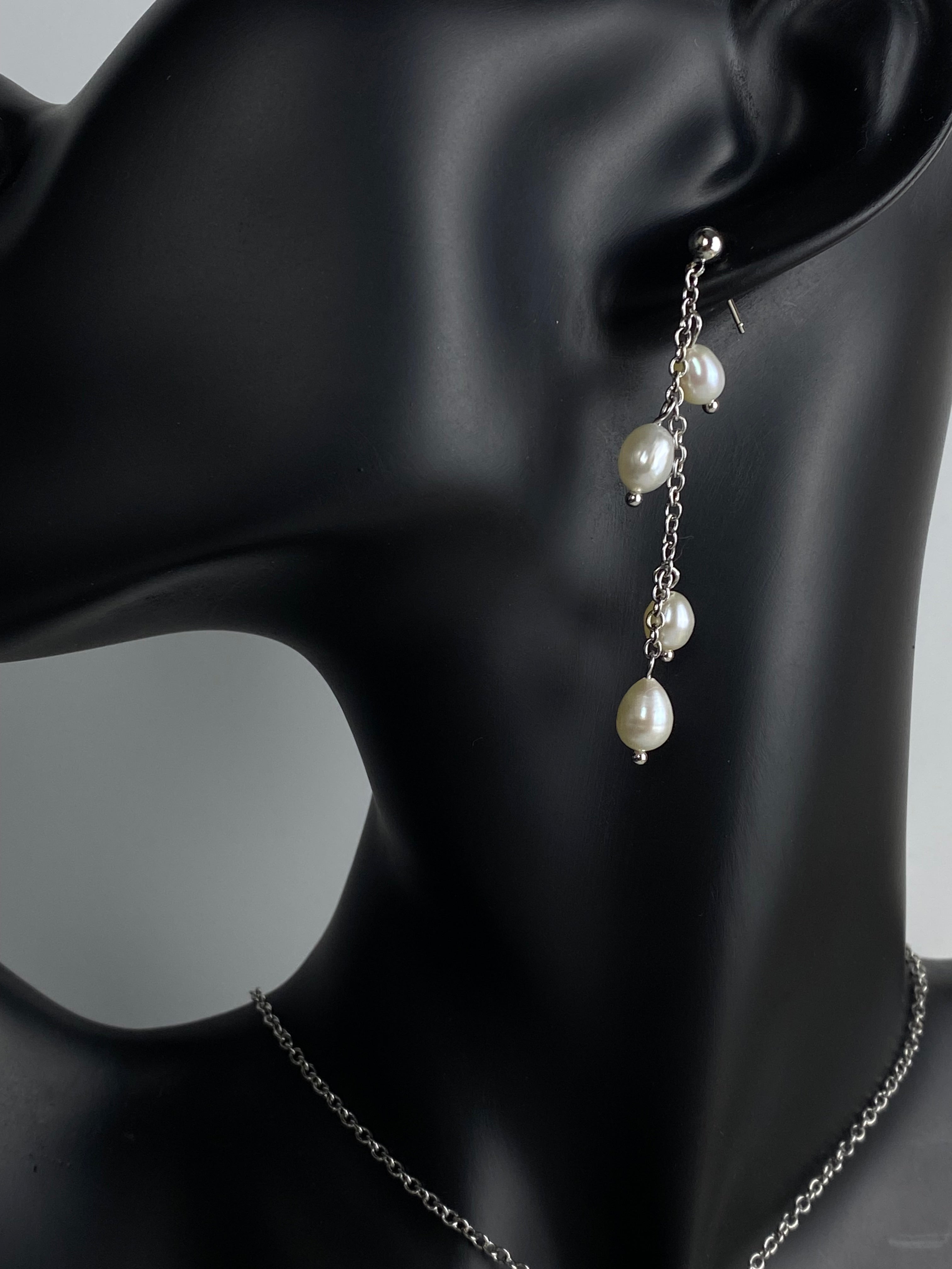 Freshwater Rice Pearl Chain Drop Earrings| 925 Sterling Silver| Bridal Earrings| Chic Jewelry.