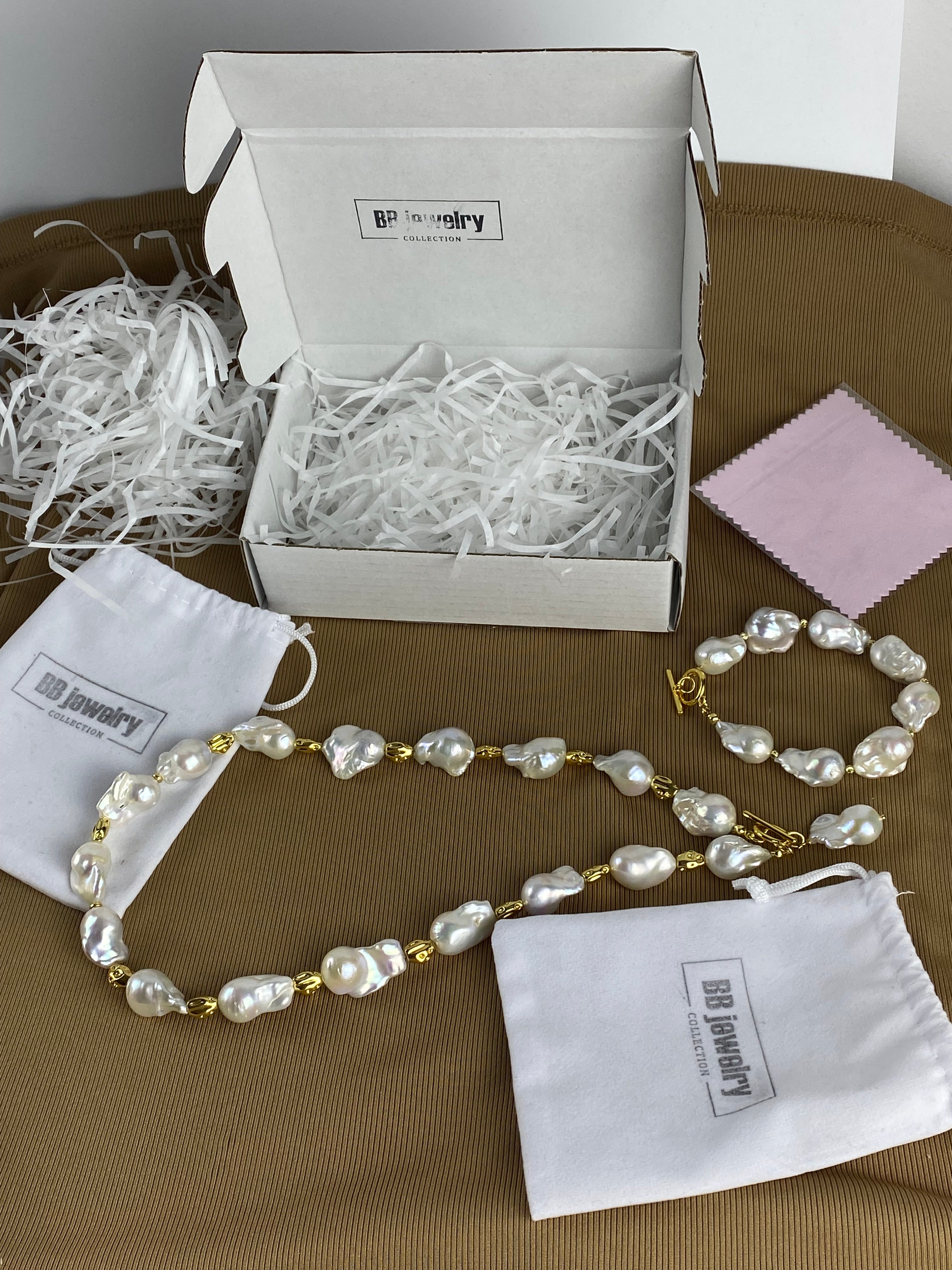 Big Baroque Freshwater Pearl Necklace | 18k Gold Plated Irregular Spacer Beads. Statement Necklace.