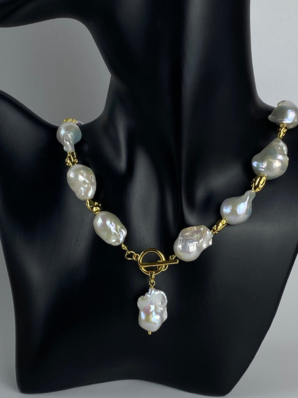 Big Baroque Freshwater Pearl Necklace | 18k Gold Plated Irregular Spacer Beads. Statement Necklace.