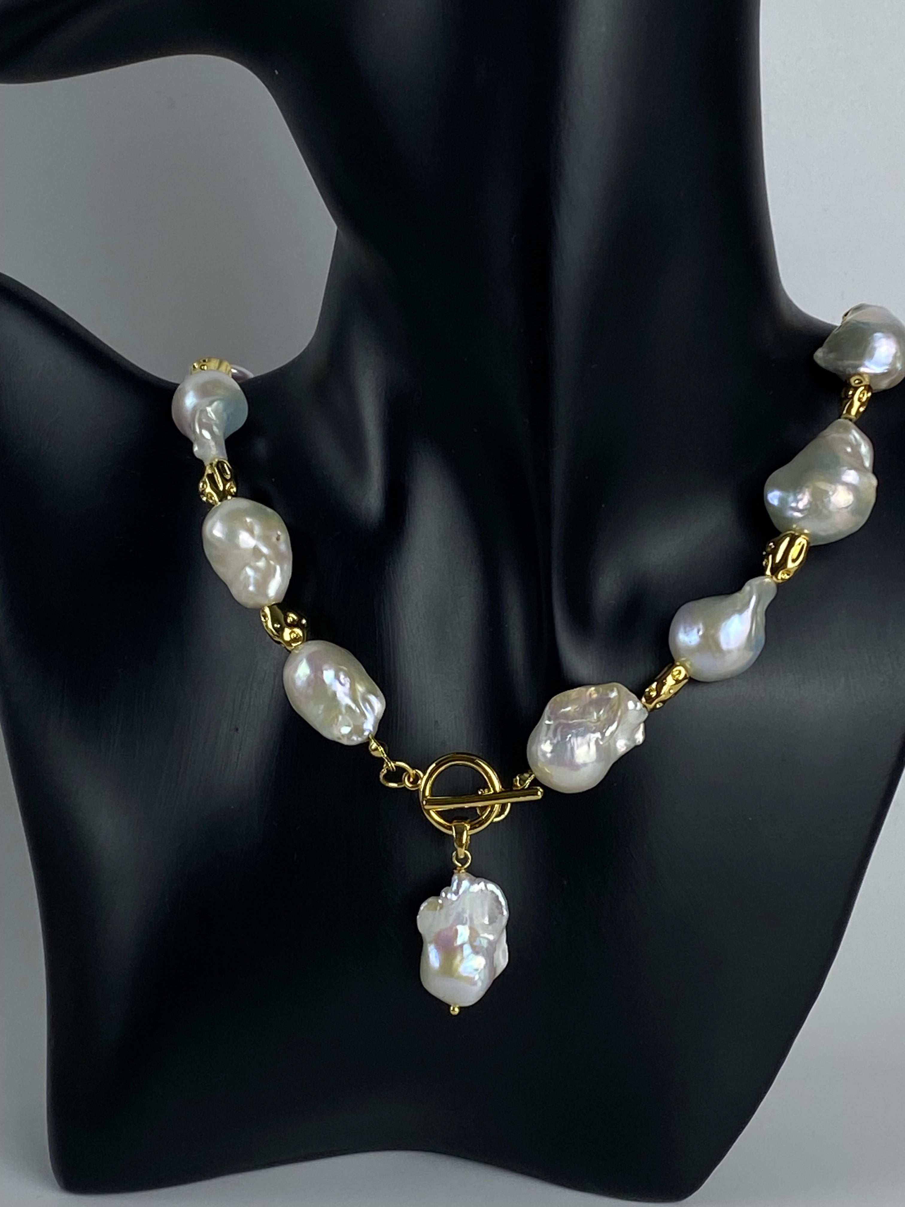 Big Baroque Freshwater Pearl Necklace | 18k Gold Plated Irregular Spacer Beads. Statement Necklace.