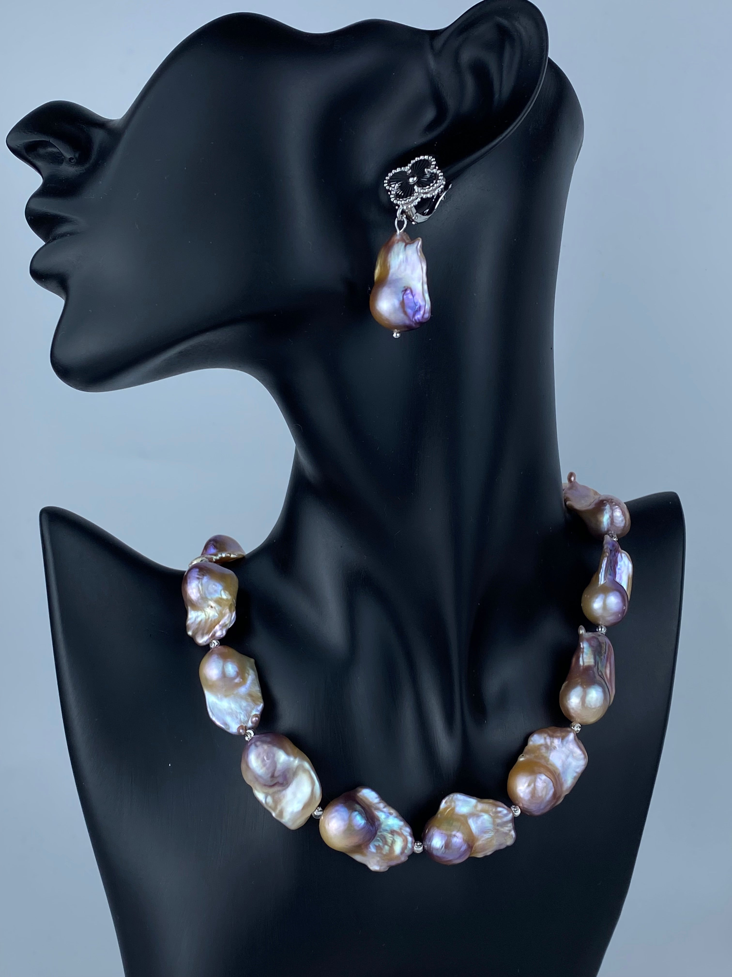 Big Fireballs Baroque Freshwater Pearl Necklace & Earring Set | Mauve Lavender | Statement Jewelry| Cover Earrings Hooks.
