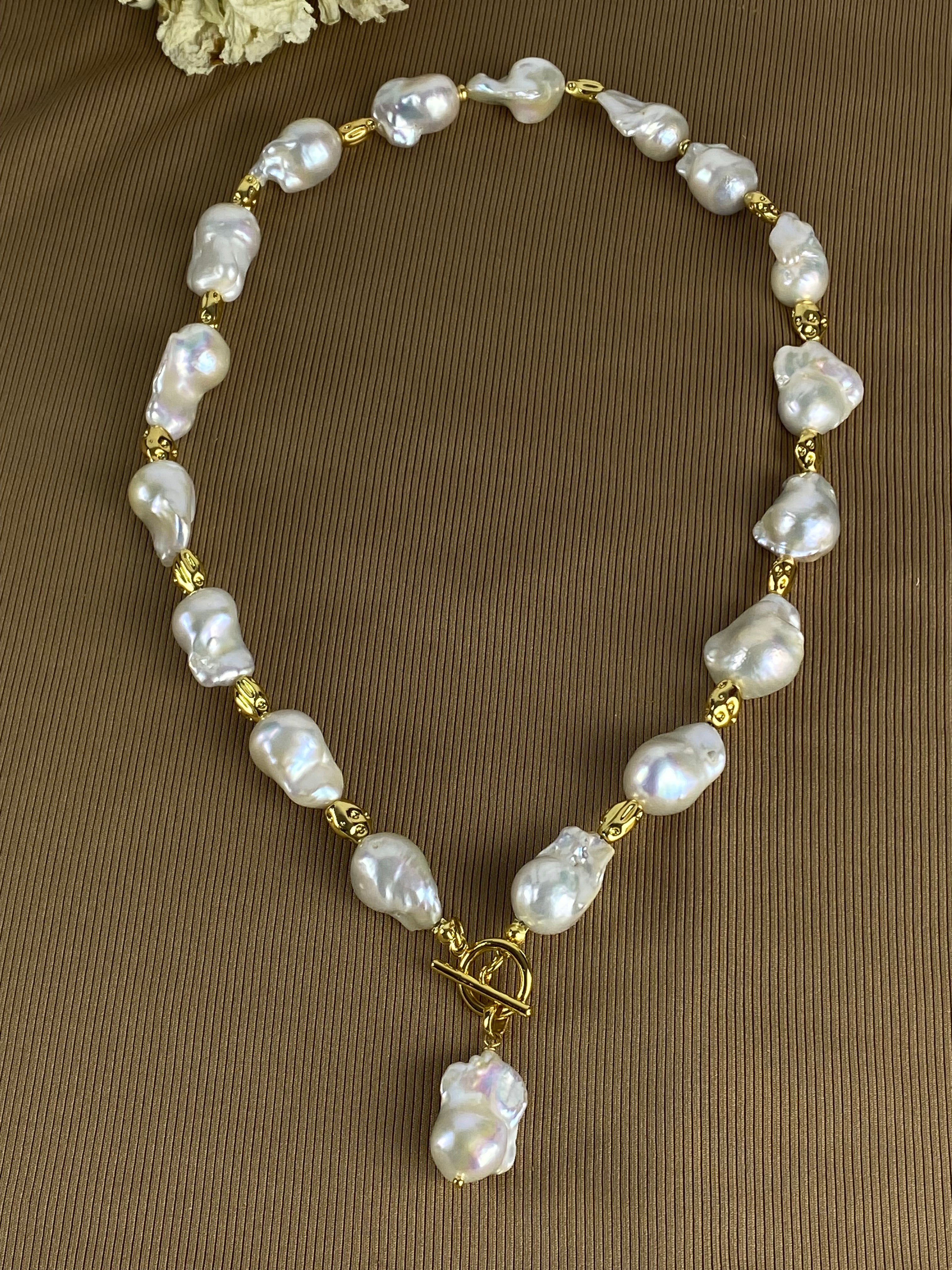 Big Baroque Freshwater Pearl Necklace | 18k Gold Plated Irregular Spacer Beads. Statement Necklace.