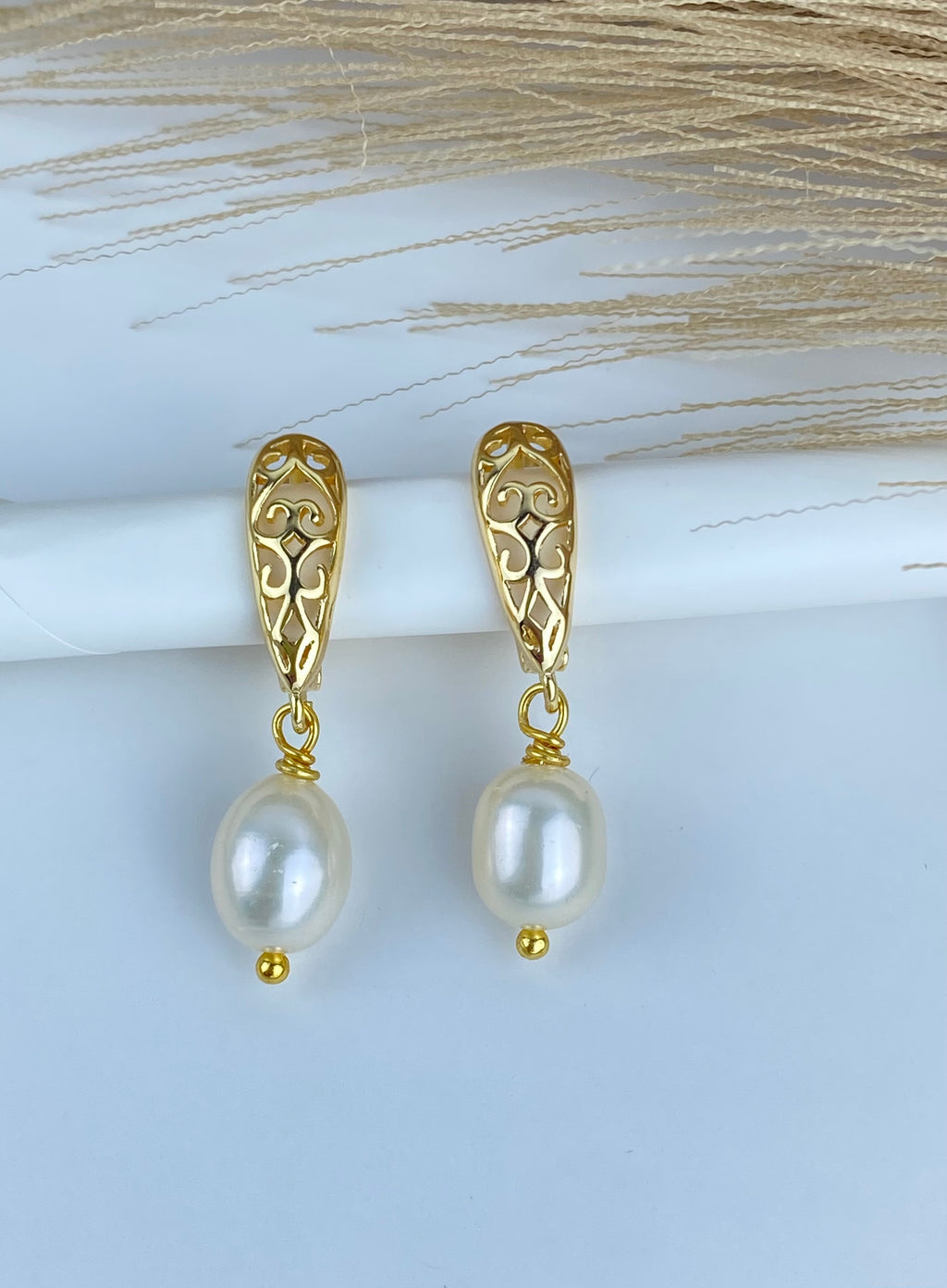 AAAAA Freshwater Pearl Earrings | 8-9mm White Rice Pearl | 24K Gold Plated Earrings Hook.