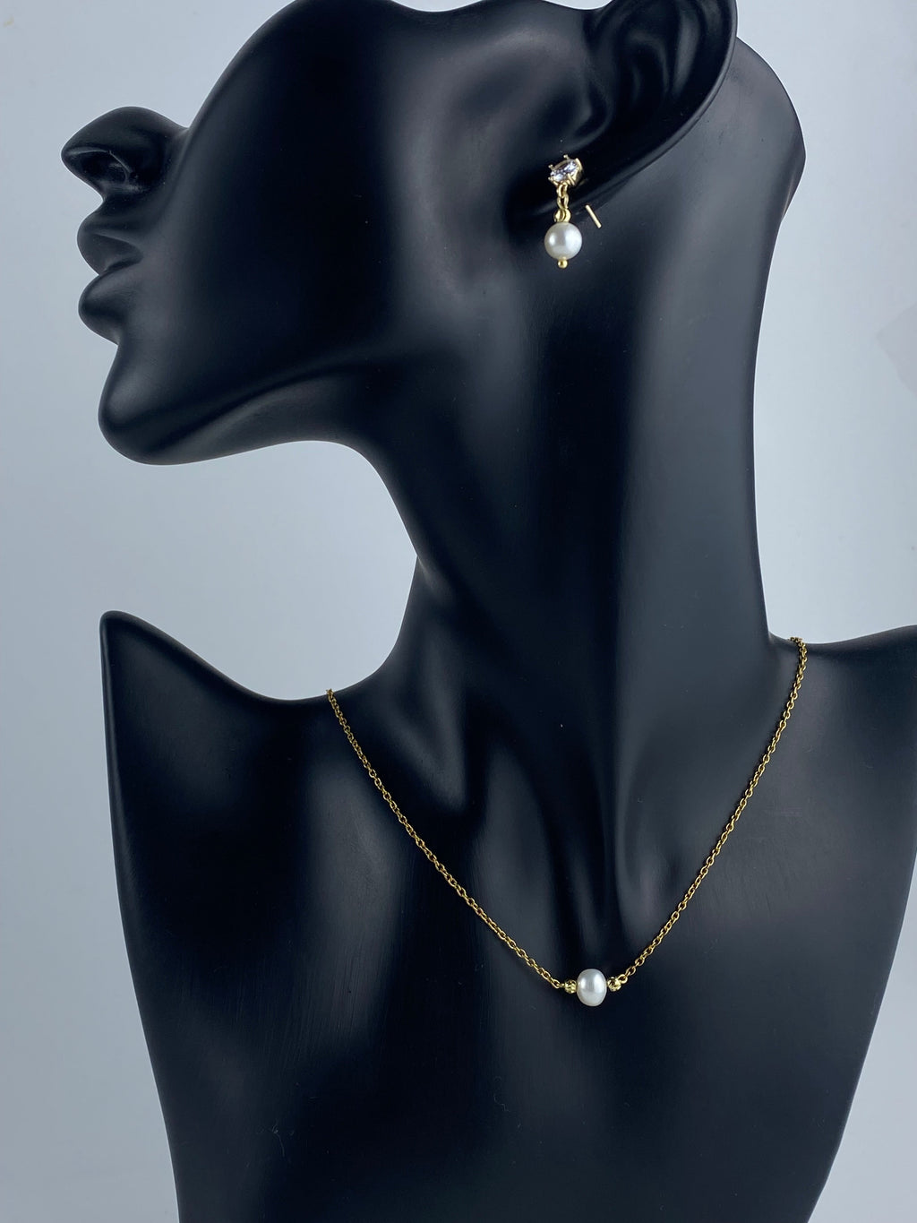 Natural Pearl Bridal Minimalist Jewelry Set | 14k Gold | CZ Stud Earrings, Choker Necklace & Bracelet. Complete Bridal Set Jewelry.
