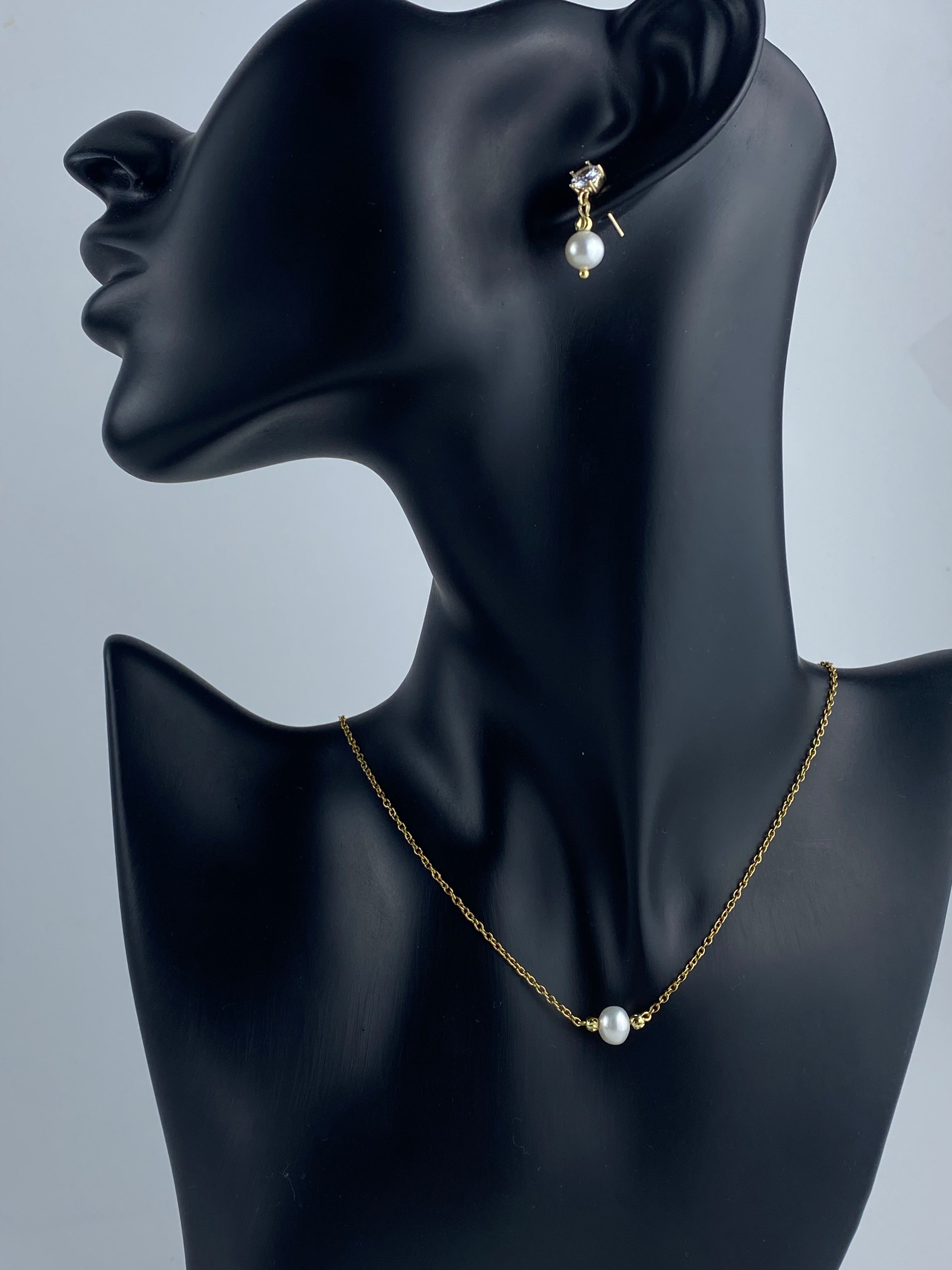 Natural Pearl Bridal Minimalist Jewelry Set | 14k Gold | CZ Stud Earrings, Choker Necklace & Bracelet. Complete Bridal Set Jewelry.