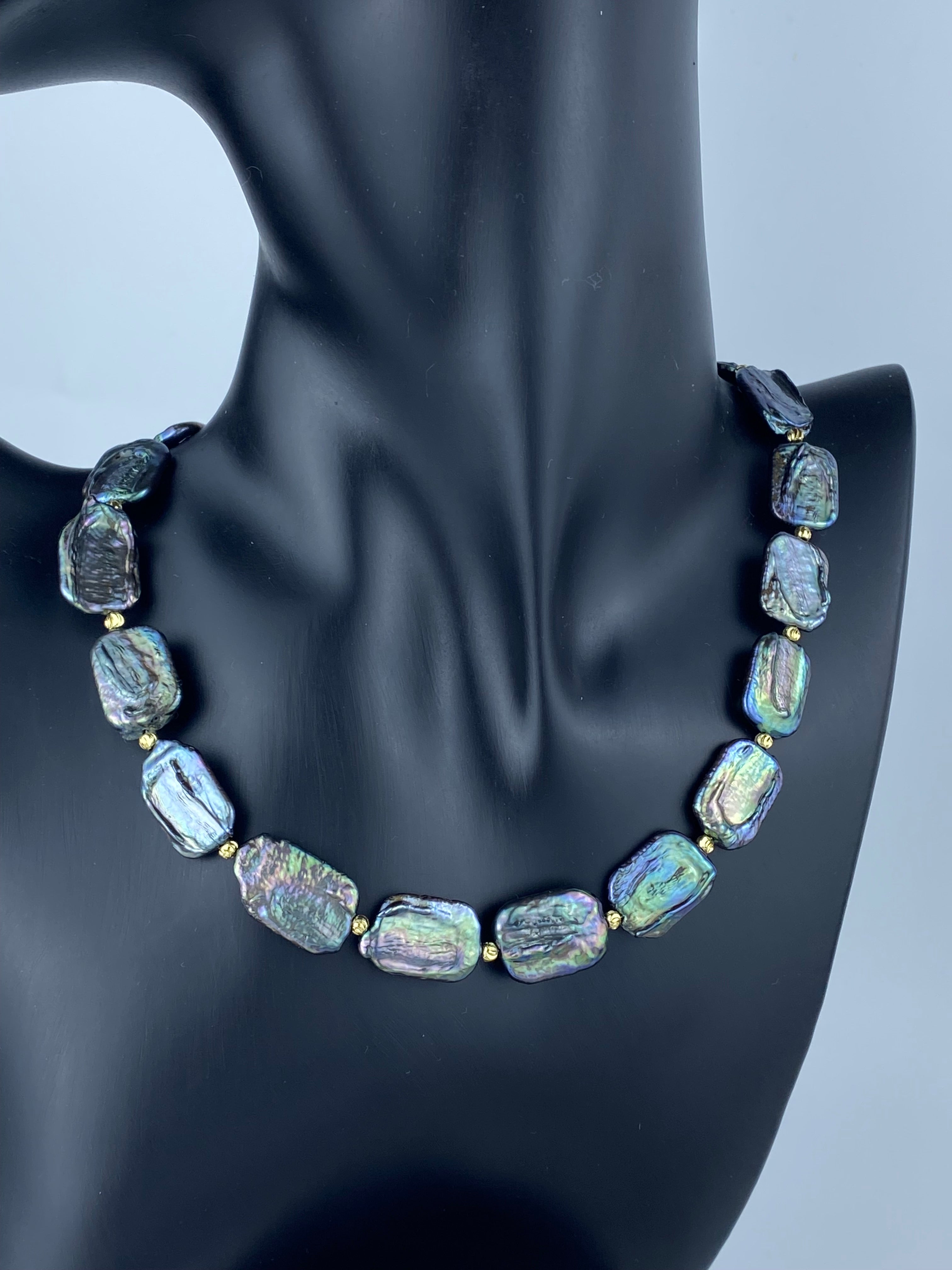 Black Peacock Blue Flat Pearl Necklace and Earrings,Irregular Rectangle Square Pearls Natural Freshwater Cultured. Set Jewelry.