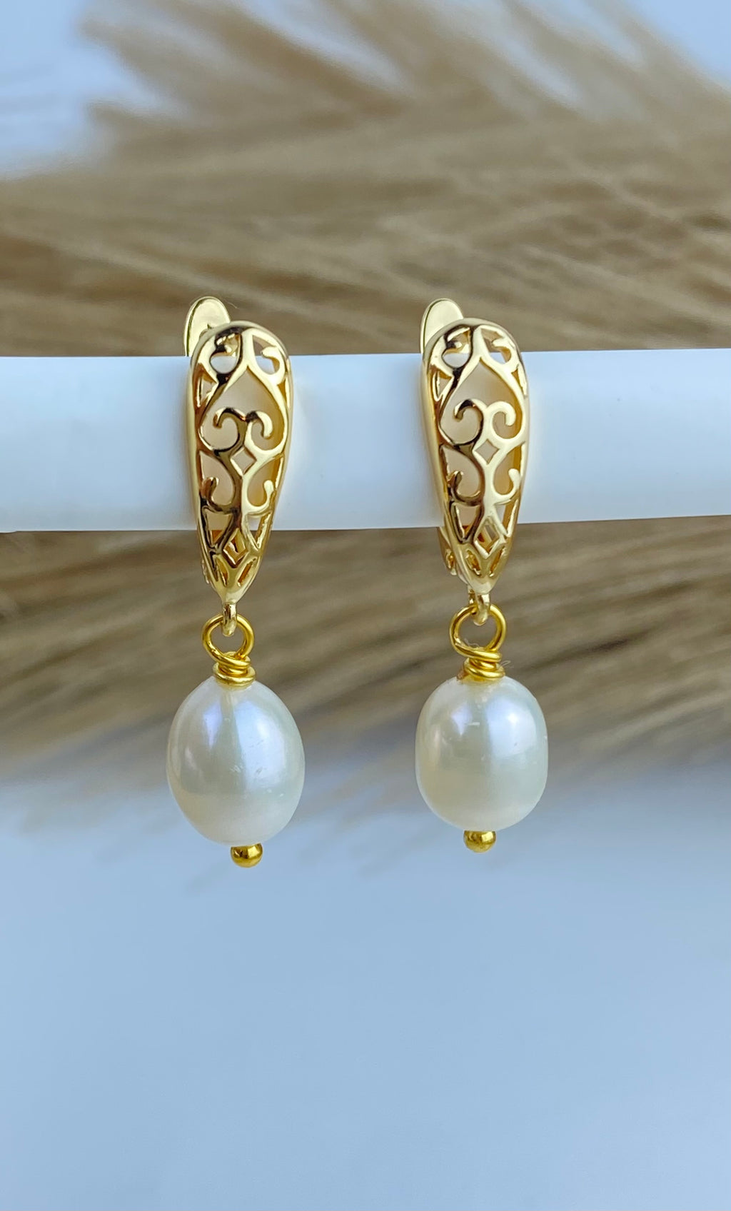 AAAAA Freshwater Pearl Earrings | 8-9mm White Rice Pearl | 24K Gold Plated Earrings Hook.