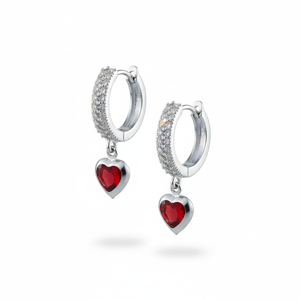 Red Heart Crystal Huggie Earrings | CZ Pavé Silver Hoops | Sterling Silver