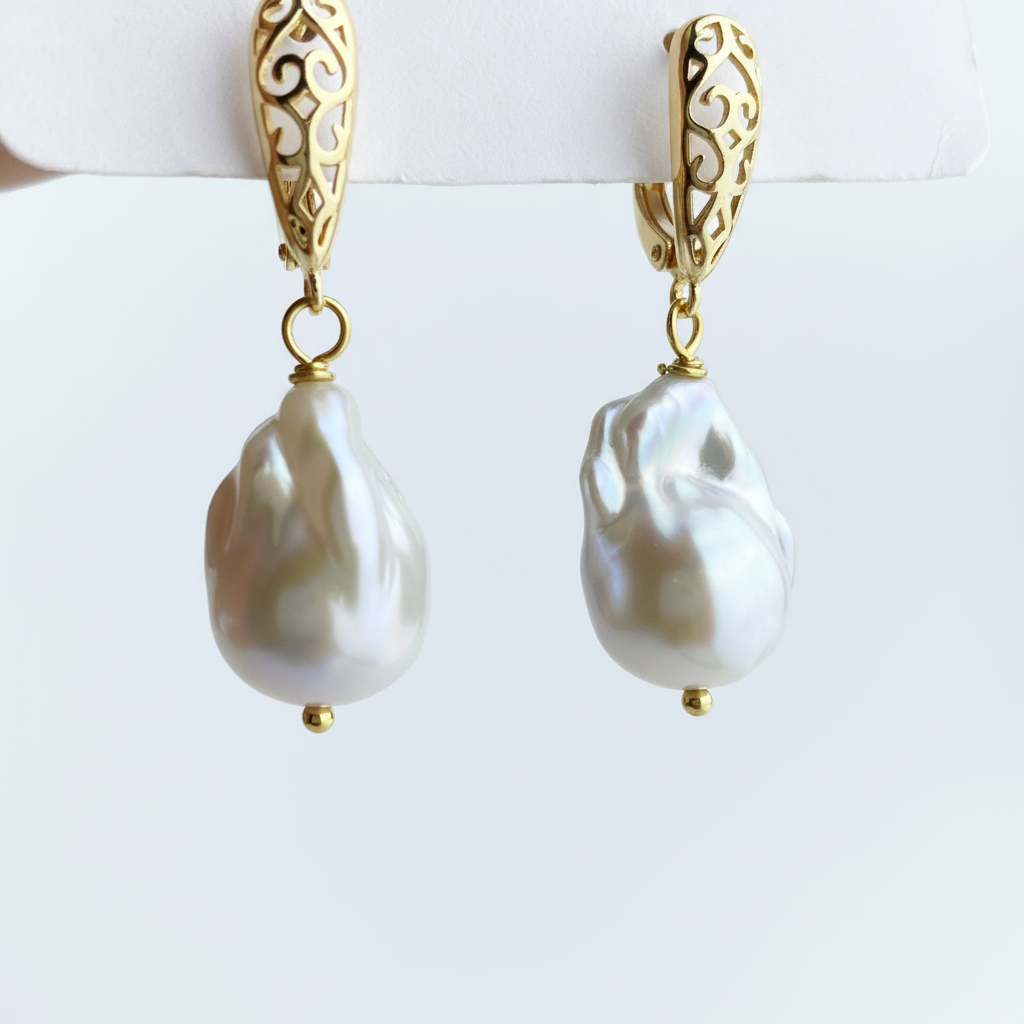 Baroque Pearl Earrings – Close-up Detail White Background