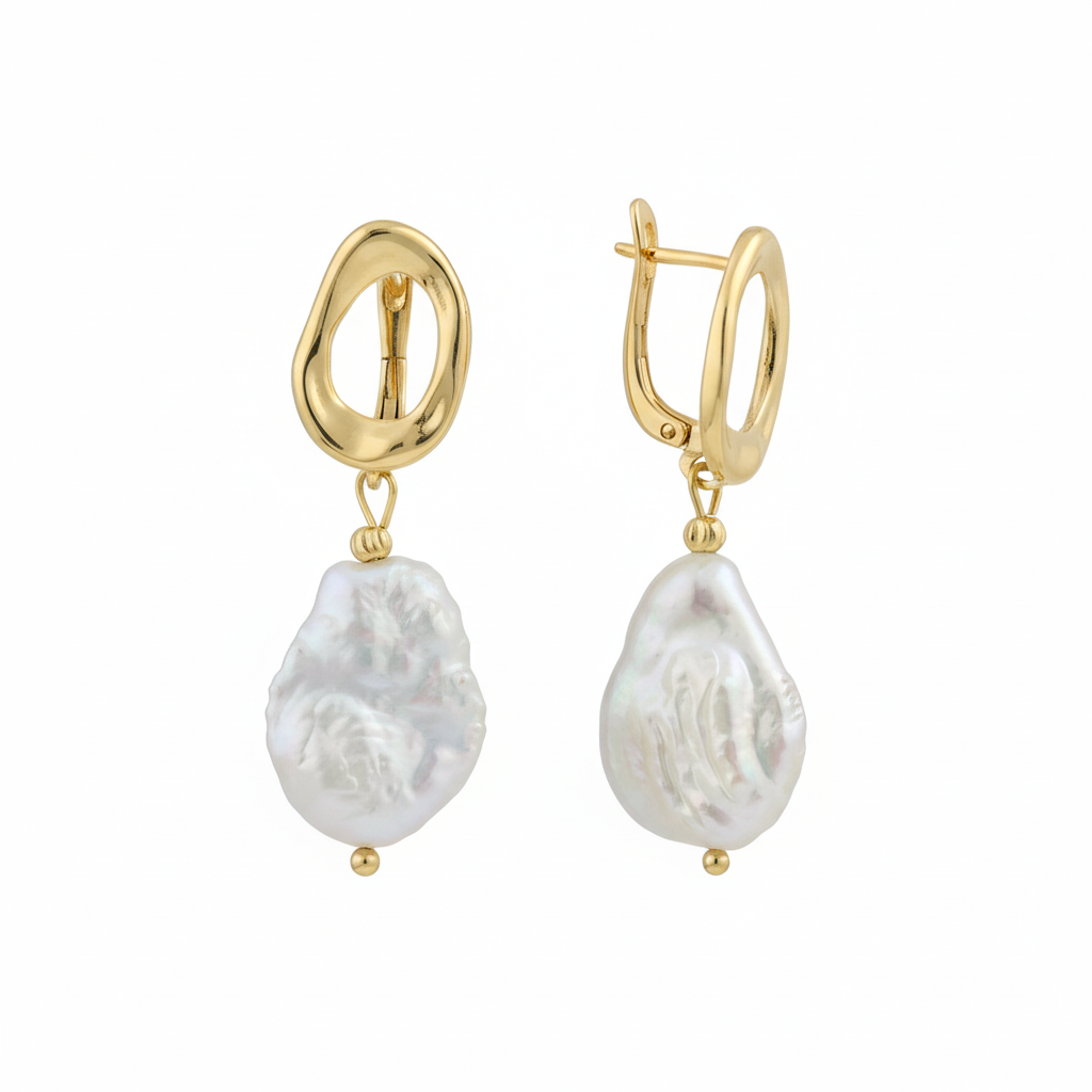 Baroque Pearl Drop Earrings | Bold Gold Organic Hoop | Freshwater Pearl