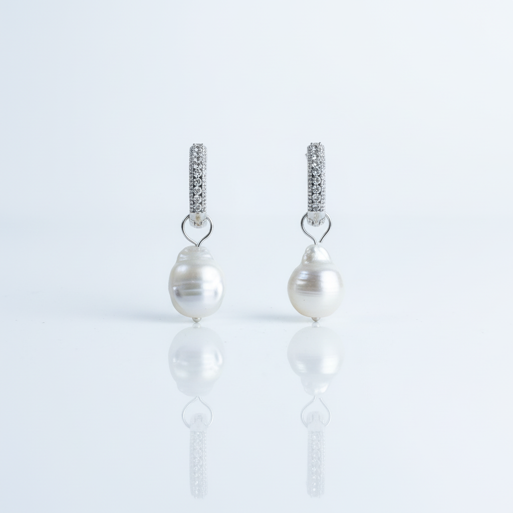 Baroque Pearl Huggie Hoop Earrings | CZ Pavé Silver, sparkling diamonds| Freshwater Pearl.
