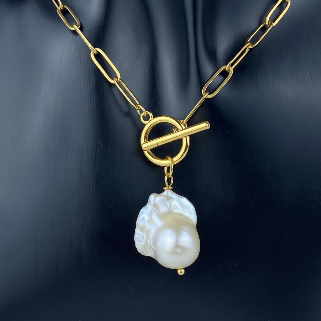 Gold Paperclip Chain Necklace with Big Baroque Pearl | Statement Pearl Pendant Necklace