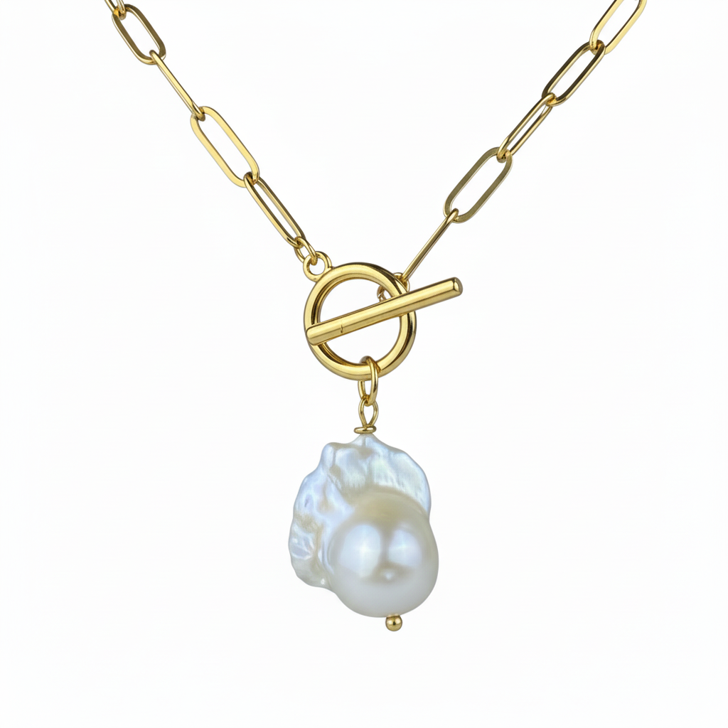 Gold Paperclip Chain Necklace with Big Baroque Pearl | Statement Pearl Pendant Necklace