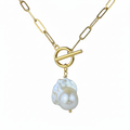 Gold Paperclip Chain Necklace with Big Baroque Pearl | Statement Pearl Pendant Necklace
