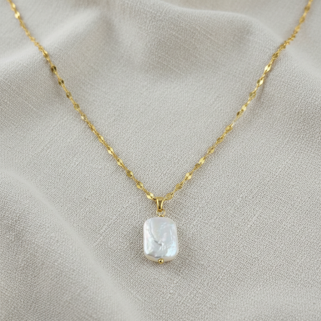 Baroque Square Pearl Pendant Necklace | Gold Chain