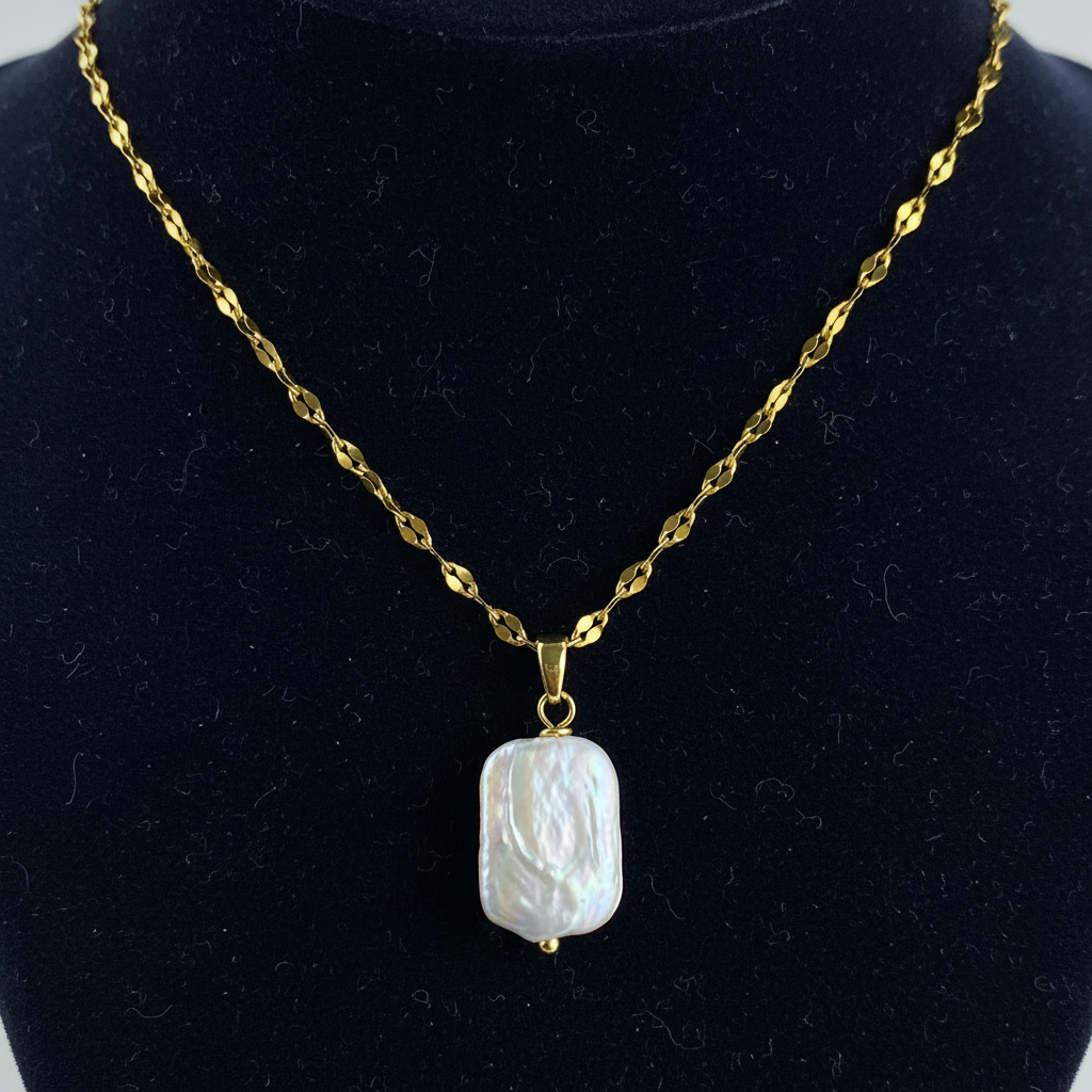 Baroque Square Pearl Pendant Necklace | Gold Chain