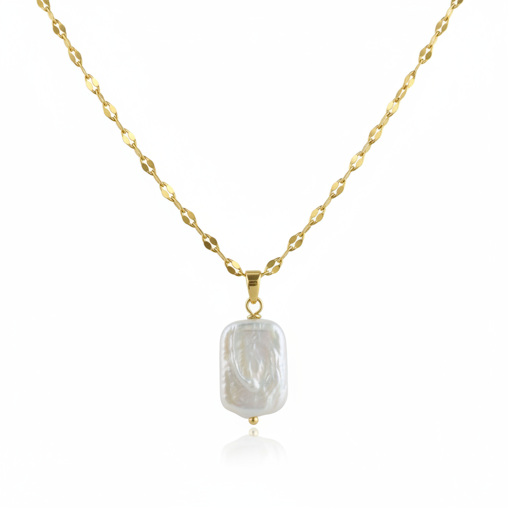 Baroque Square Pearl Pendant Necklace | Gold Chain