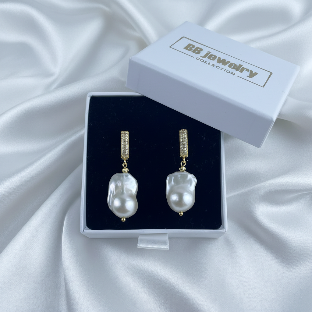 Baroque Pearl Drop Earrings | 18k Gold CZ Pavé Huggie | Freshwater Pearl