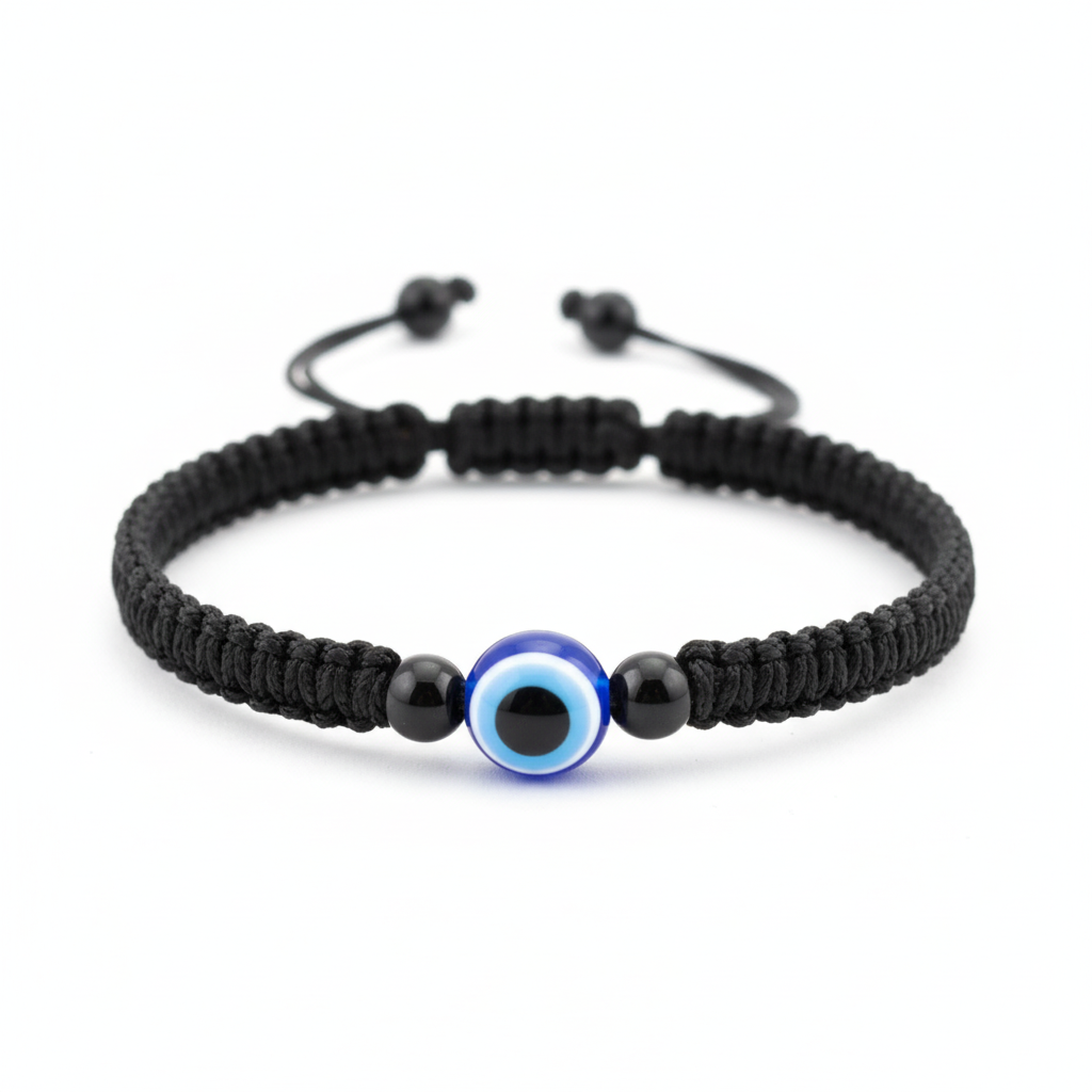 Black Macramé Evil Eye Bracelet on White Background