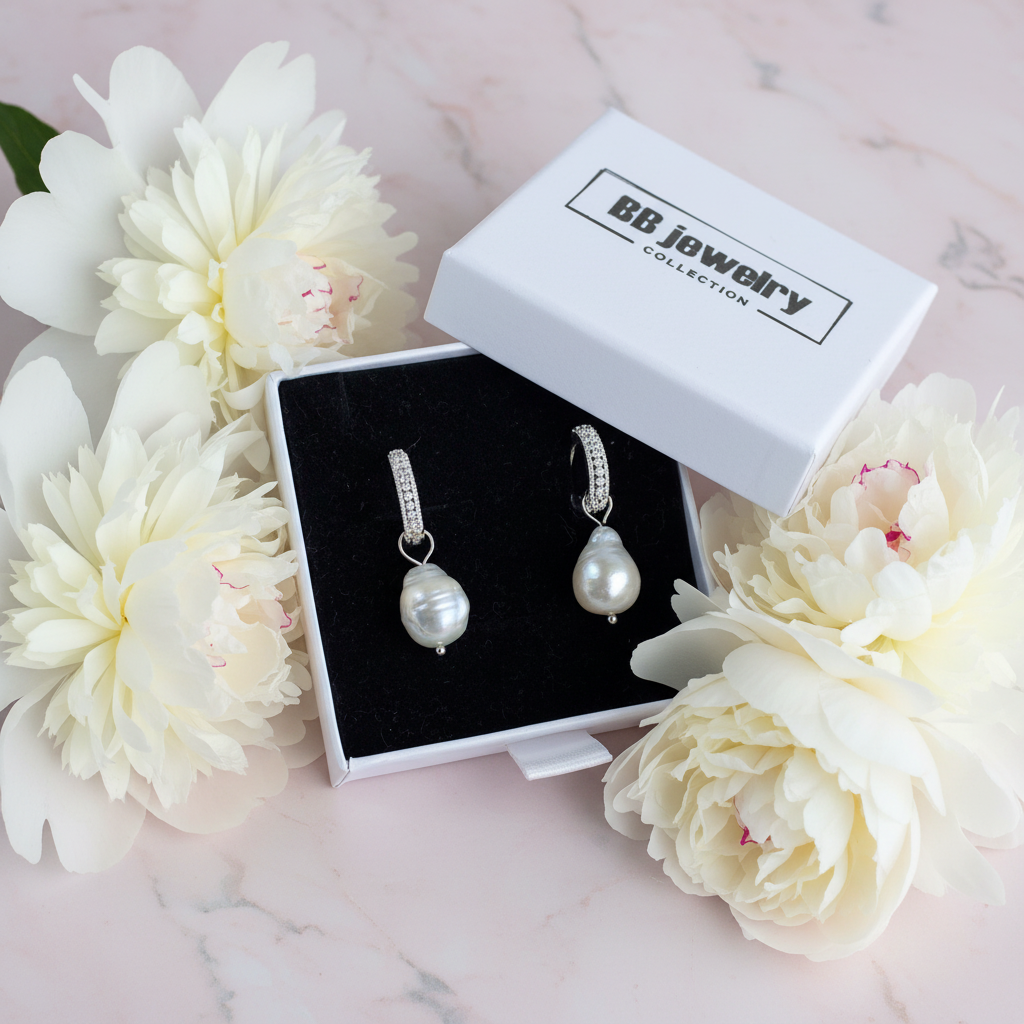 Baroque Pearl Huggie Hoop Earrings | CZ Pavé Silver, sparkling diamonds| Freshwater Pearl.