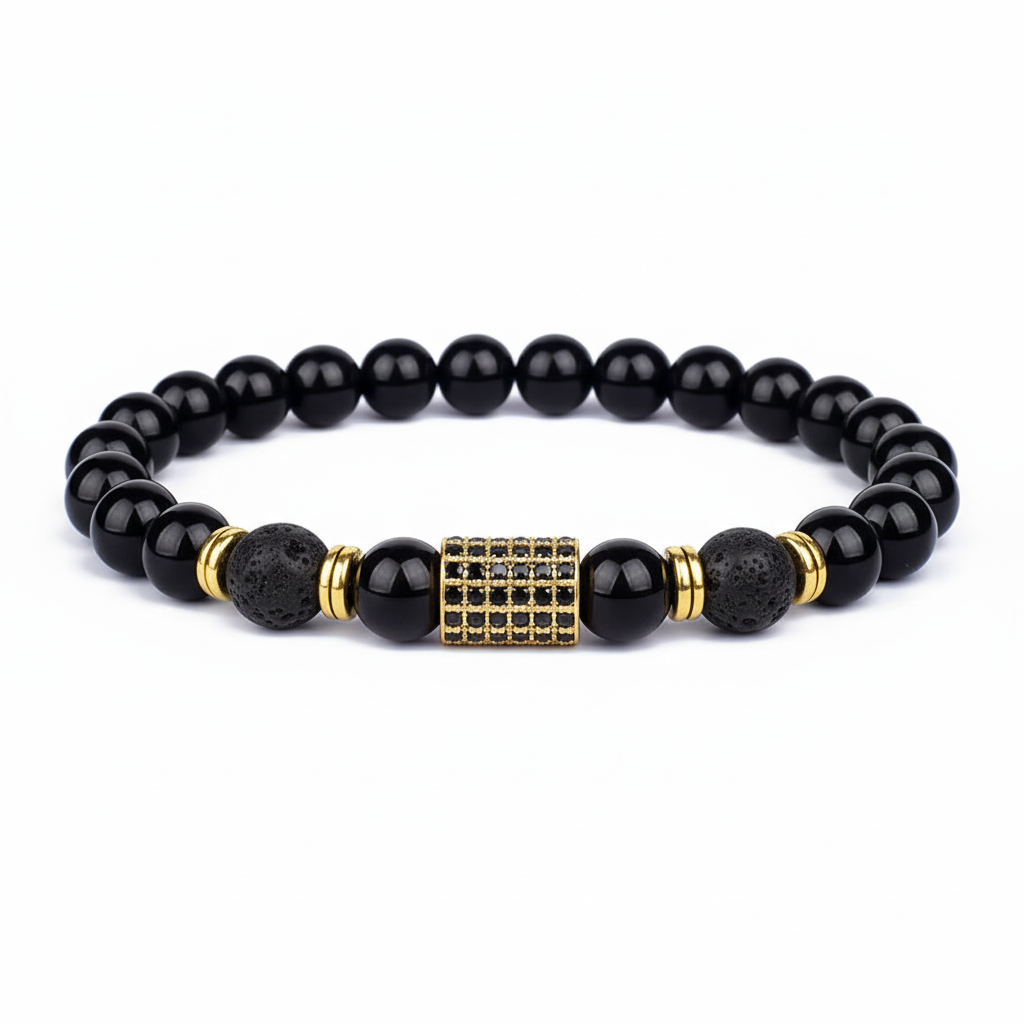 Black Onyx & Lava Stone Bracelet with 18K Gold Plated CZ Cylinder