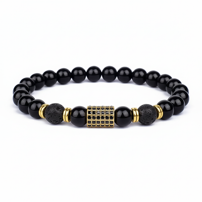 Black Onyx & Lava Stone Bracelet with 18K Gold Plated CZ Cylinder