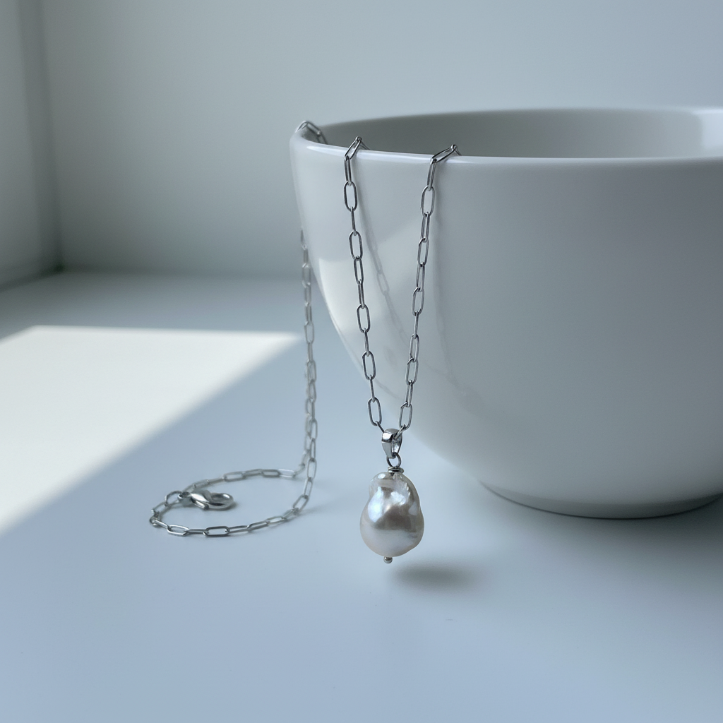 Baroque Pearl Pendant Necklace | Paperclip Chain | Silver & Gold | Freshwater Pearl