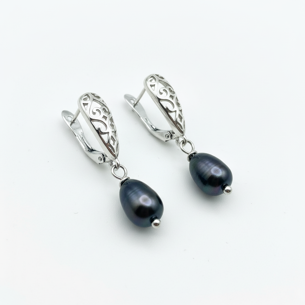 Black Pearl Filigree Silver Drop Earrings|Fine Jewelry|Gift Jewelry