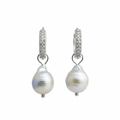 Baroque Pearl Huggie Hoop Earrings | CZ Pavé Silver, sparkling diamonds| Freshwater Pearl.