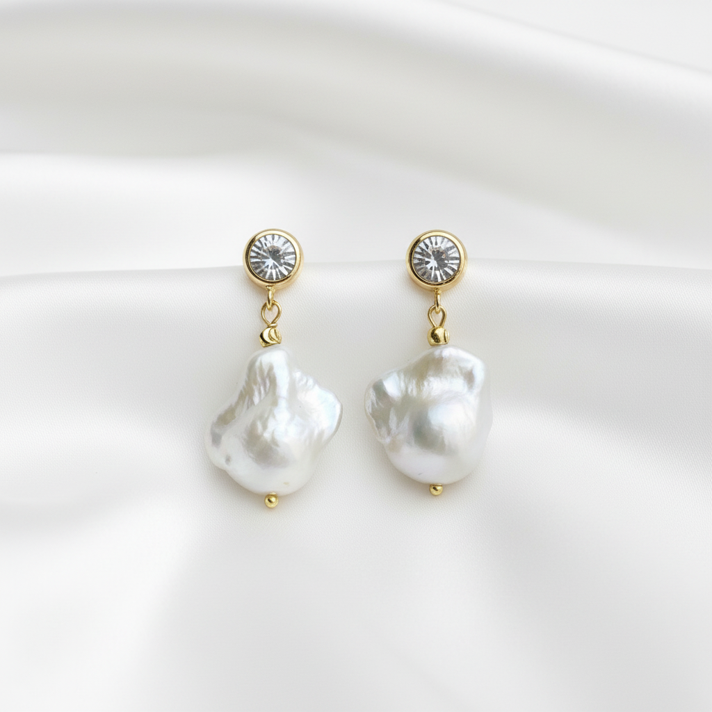 Baroque Pearl Drop Earrings | 14k Gold Crystal Bezel Stud | Freshwater Pearl