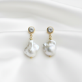 Baroque Pearl Drop Earrings | 14k Gold Crystal Bezel Stud | Freshwater Pearl