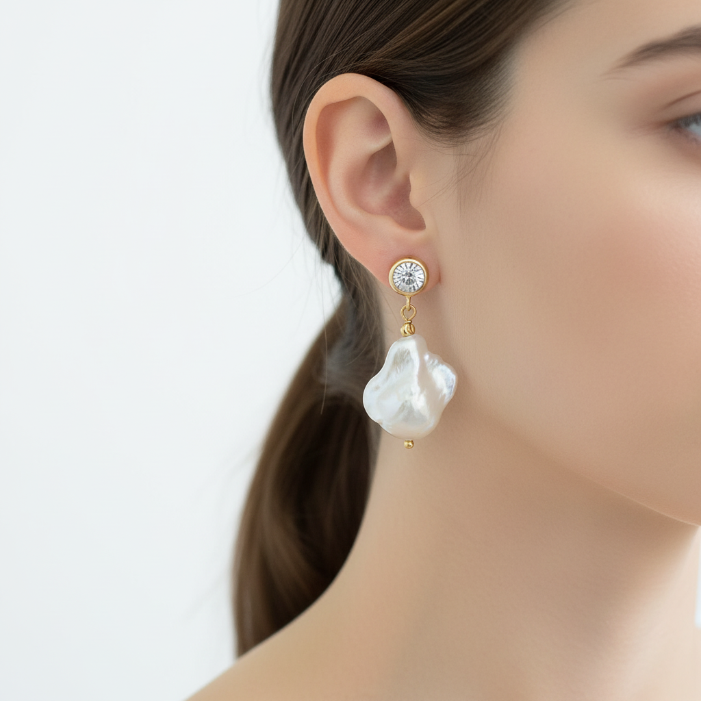 Baroque Pearl Drop Earrings | 14k Gold Crystal Bezel Stud | Freshwater Pearl
