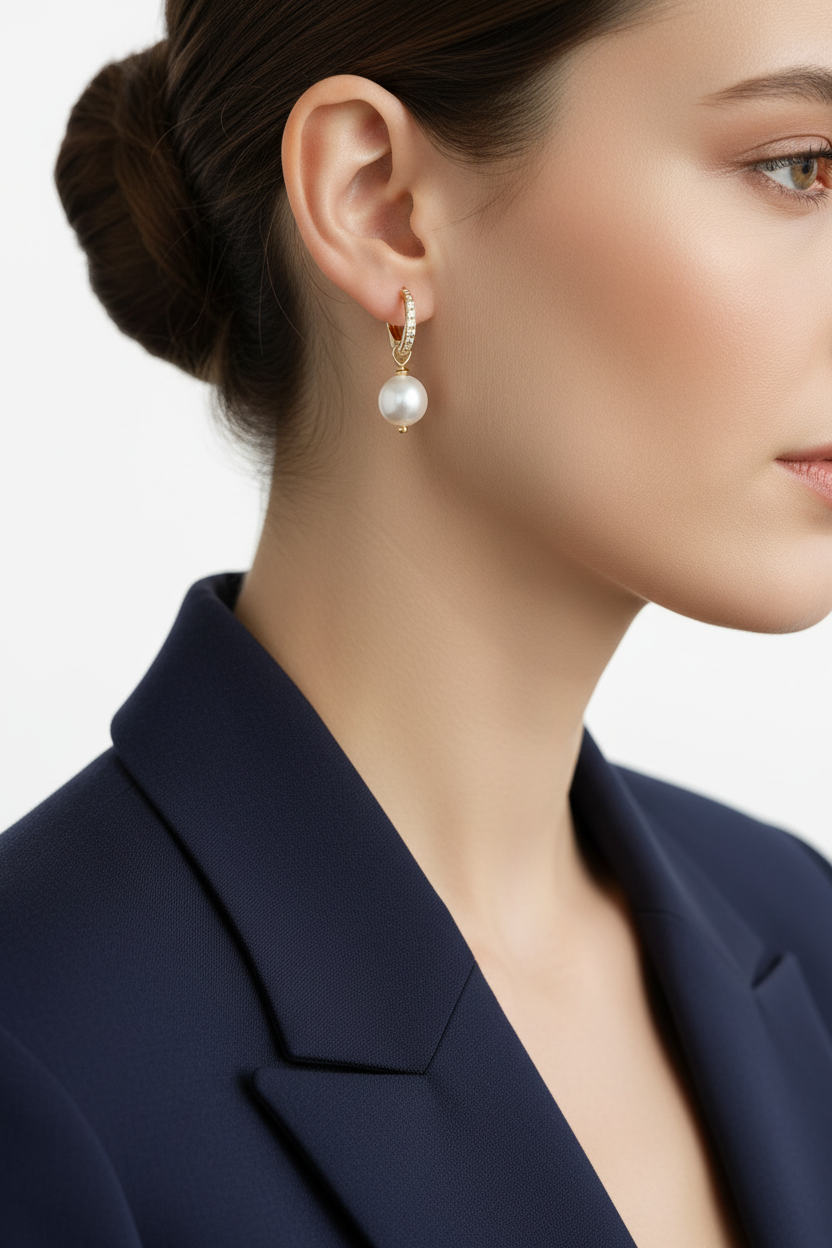 Pearl Huggie Hoop Earrings | Gold Pavé Diamond & Freshwater Pearl Drop