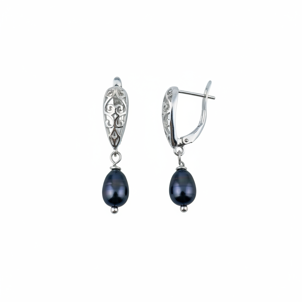 Black Pearl Filigree Silver Drop Earrings|Fine Jewelry|Gift Jewelry