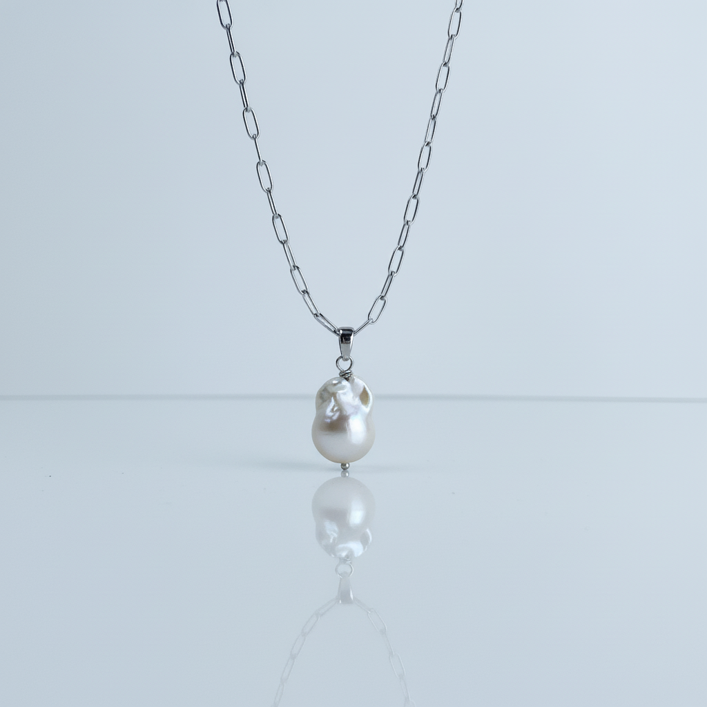 Baroque Pearl Pendant Necklace | Paperclip Chain | Silver & Gold | Freshwater Pearl