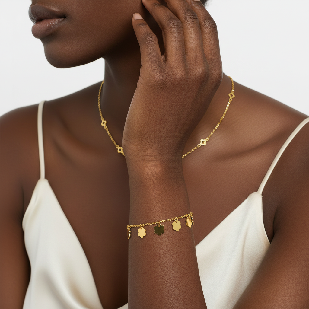 Gold Clover Set on Model – Macro Charm Detail