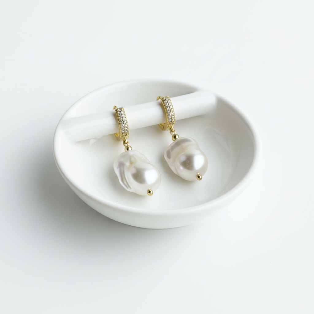 Baroque Pearl Drop Earrings | 18k Gold CZ Pavé Huggie | Freshwater Pearl