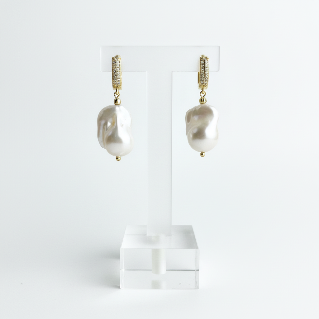 Baroque Pearl Drop Earrings | 18k Gold CZ Pavé Huggie | Freshwater Pearl