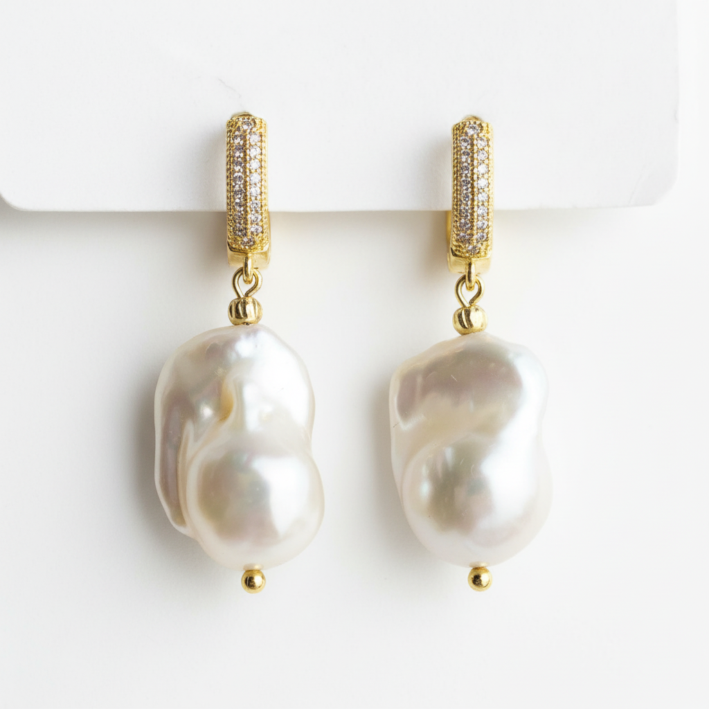 Baroque Pearl Drop Earrings | 18k Gold CZ Pavé Huggie | Freshwater Pearl