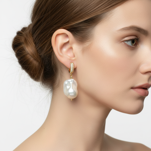 Baroque Pearl Drop Earrings | 18k Gold CZ Pavé Huggie | Freshwater Pearl