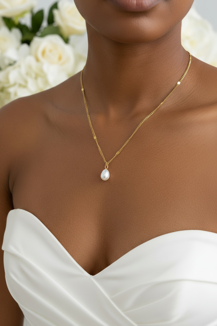 Gold Satellite Chain Pearl Pendant Necklace | Freshwater Teardrop Pearl
