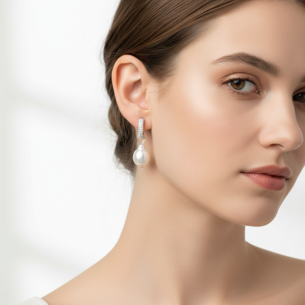 Baroque Pearl Huggie Hoop Earrings | CZ Pavé Silver, sparkling diamonds| Freshwater Pearl.