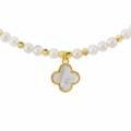 Natural Shell Pearl & Clover Charm Necklace | Gold Beaded Pearl Choker with Mother of Pearl Pendant