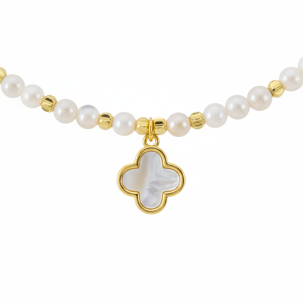 Natural Shell Pearl & Clover Charm Necklace | Gold Beaded Pearl Choker with Mother of Pearl Pendant