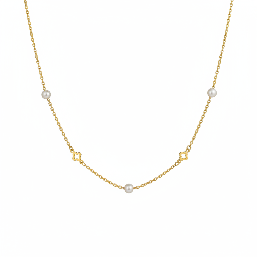 Pearl & Clover Charm Necklace | 18k Gold | Freshwater Pearl Station